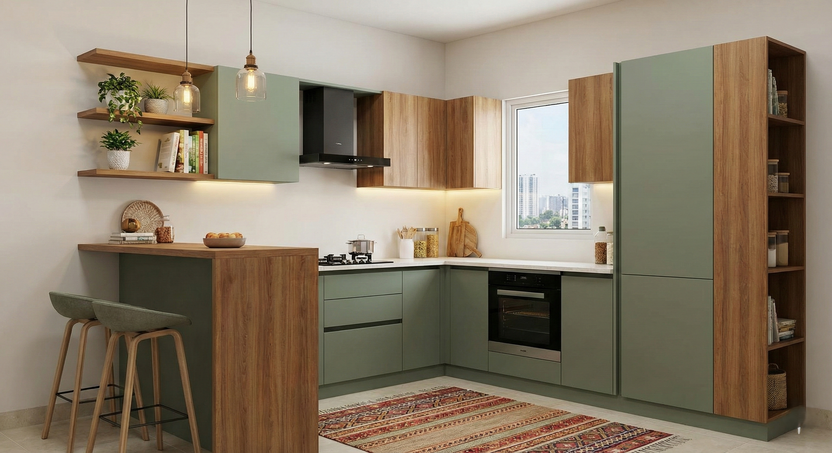 Compact L-shaped kitchen with smart storage solutions.
