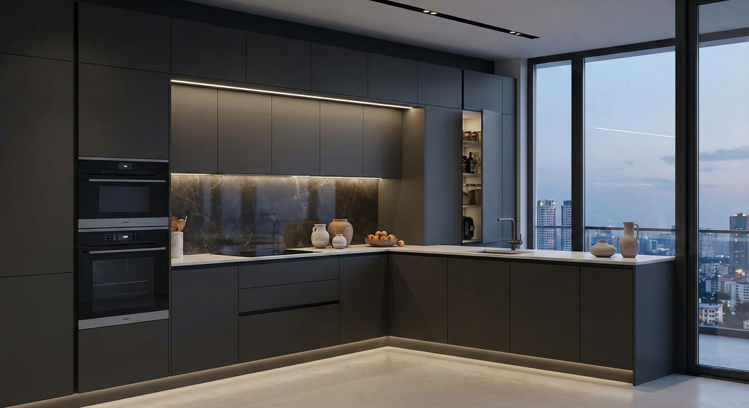 L-shaped kitchen with two-tone cabinets and modern lighting.