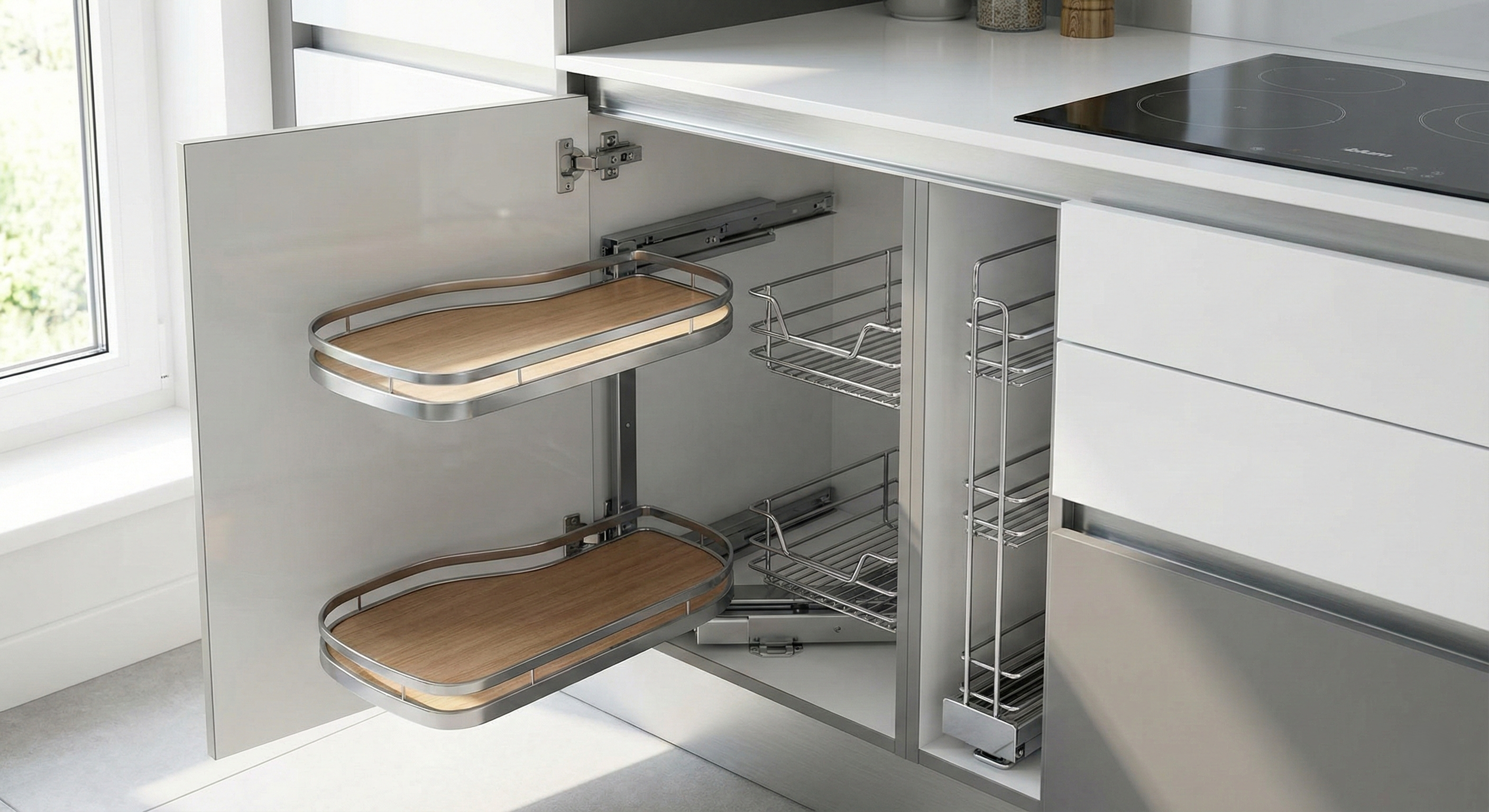 Bright L-shaped kitchen with large windows and a breakfast bar.