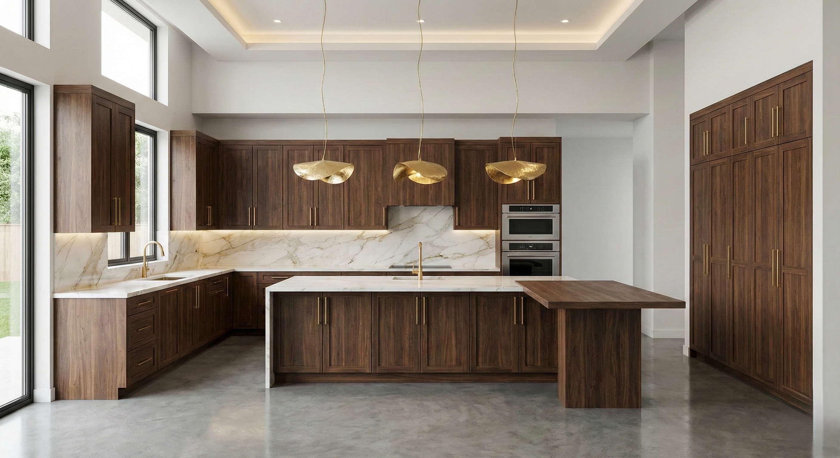 Bright U-shaped kitchen design with white cabinetry and natural light.