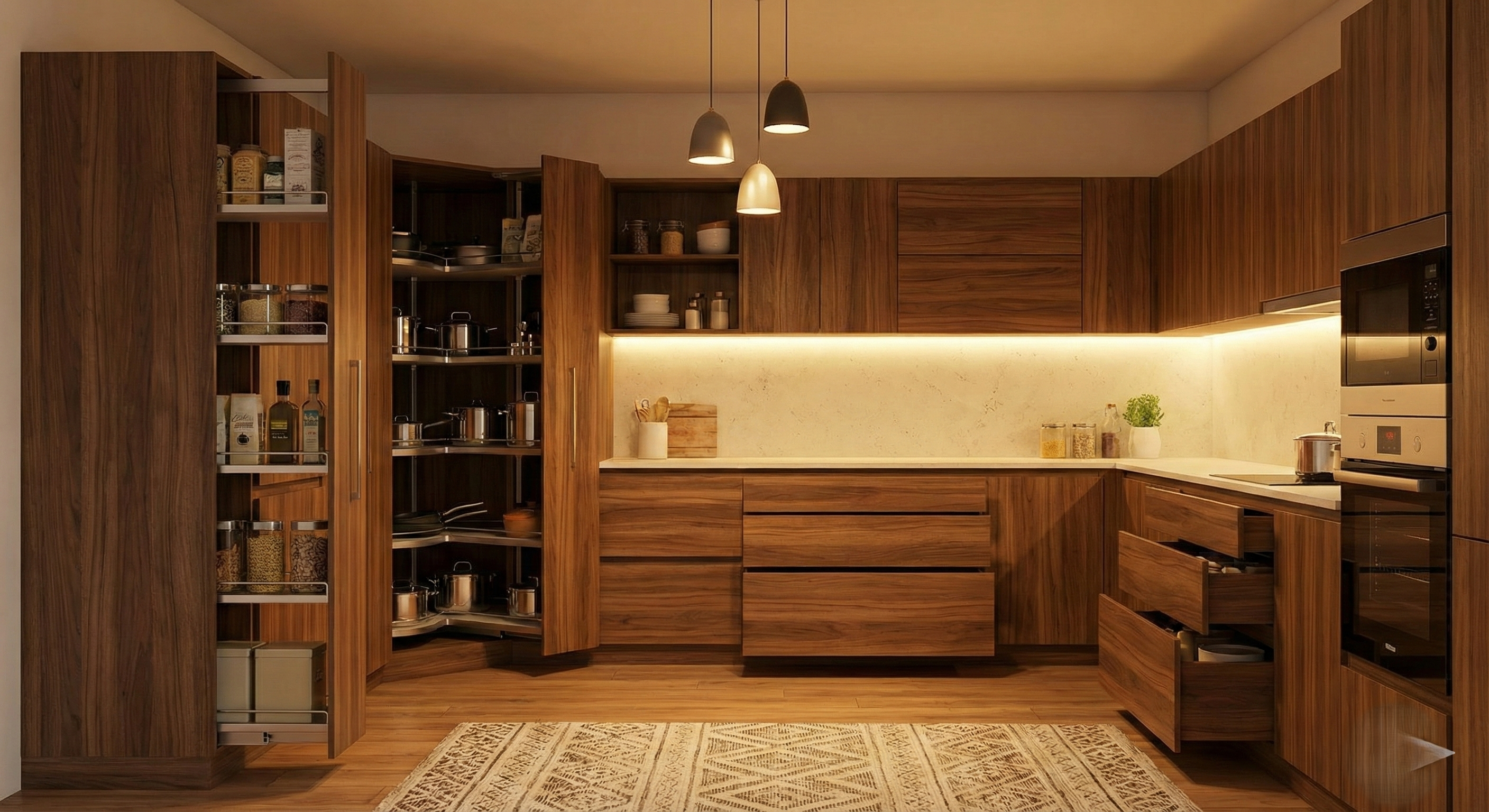Elegant U-shaped kitchen featuring dark cabinets and high-end finishes.