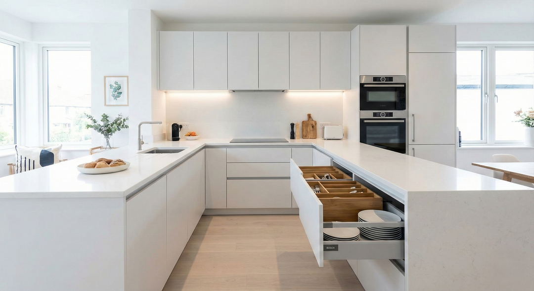 Spacious U-shaped kitchen with ample counter space and modern fixtures.
