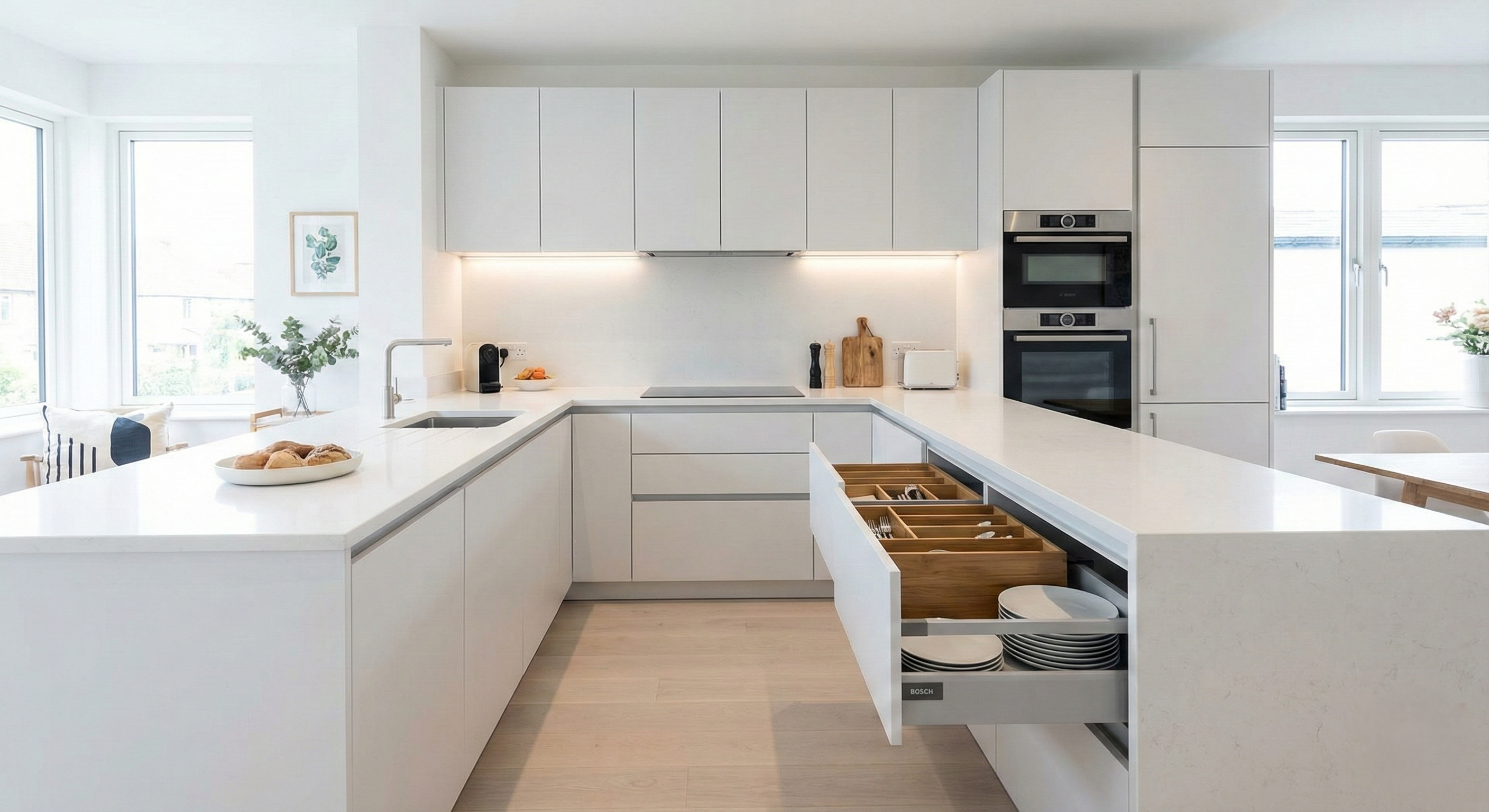 A spacious and luxurious U-shaped kitchen with dark cabinets and marble countertops, showcasing efficiency and ample storage.