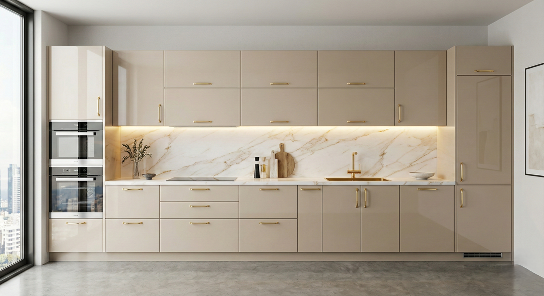 Sleek straight kitchen with minimalist white cabinets.
