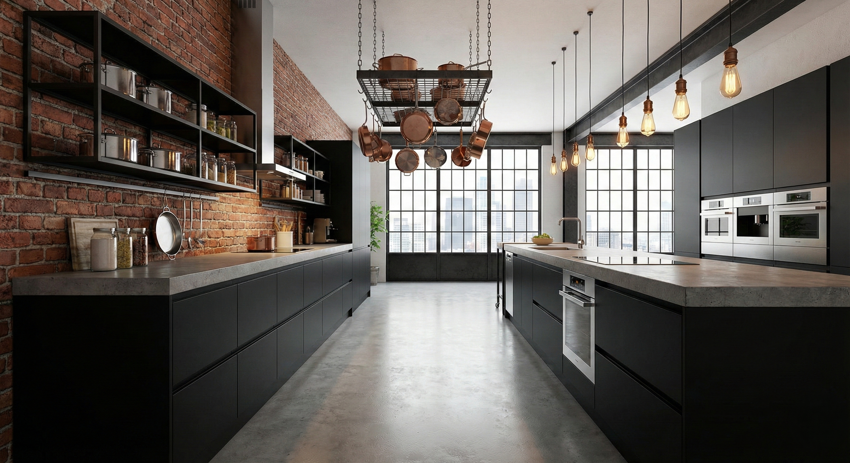 Bright galley kitchen with white cabinets and natural light.
