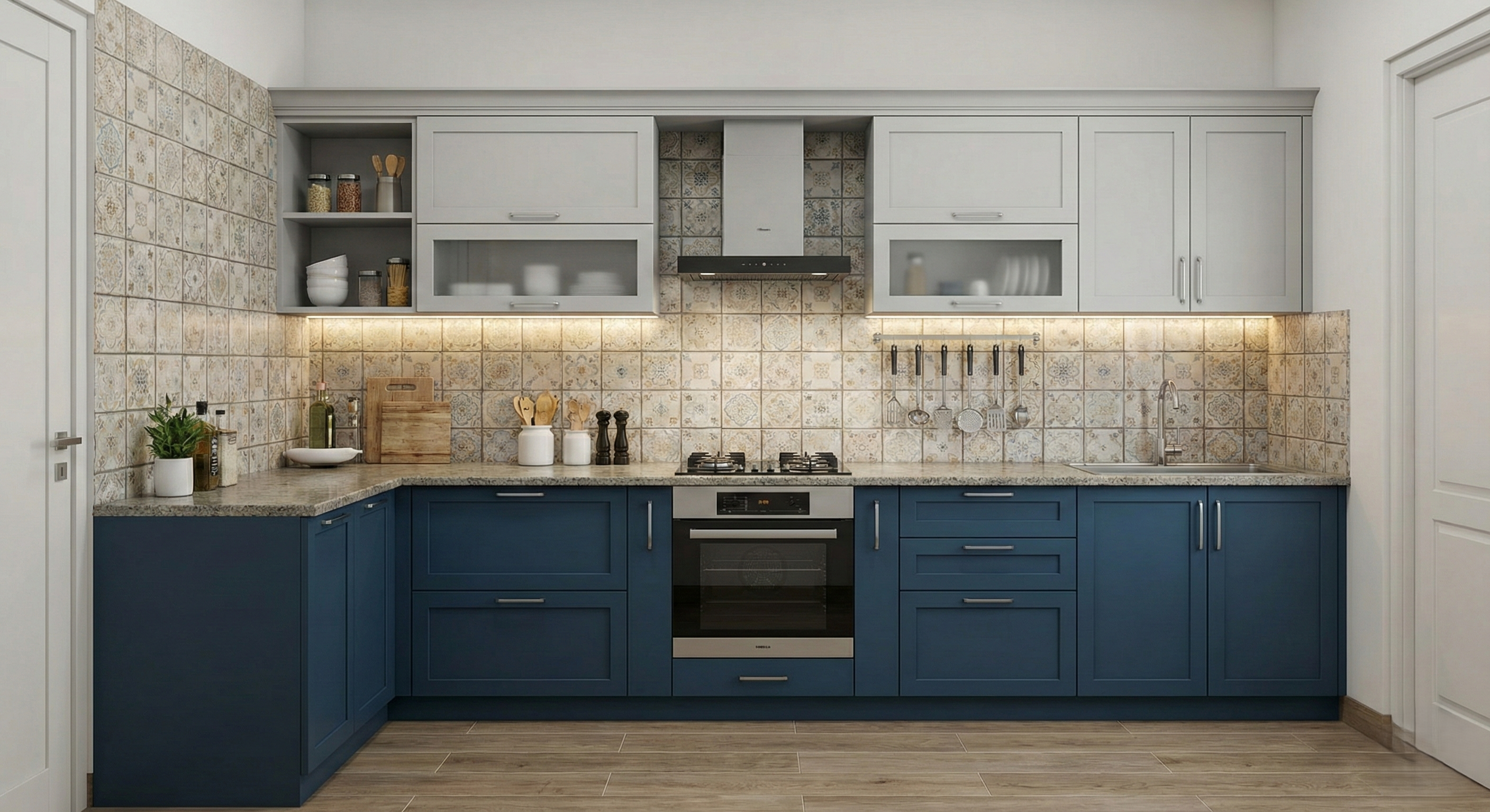 A split-image showing a before-and-after of a kitchen renovation, with one side old and the other modern and semi-modular.